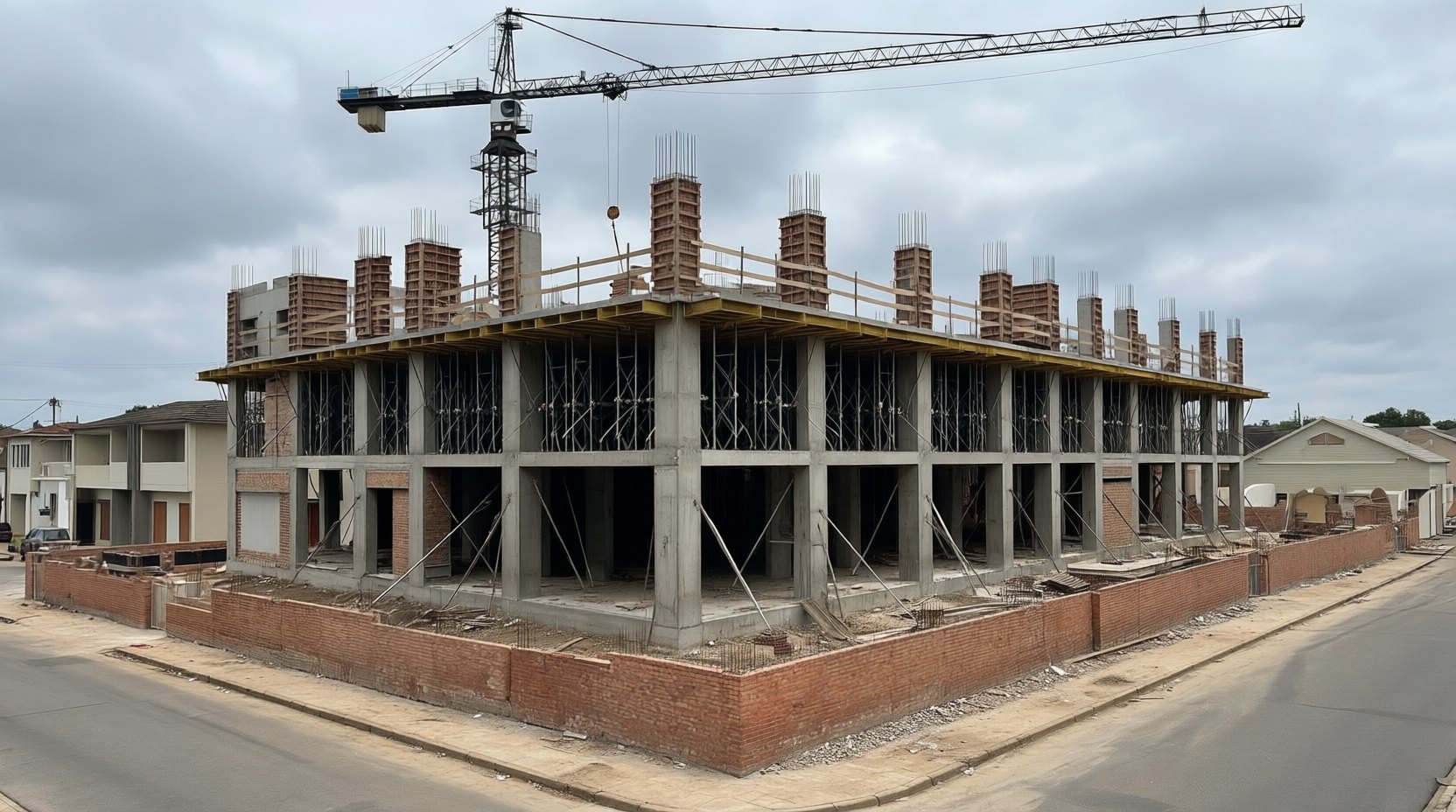 60% assembled: structure rising, scaffolding, no roof yet. Generated intermediate.